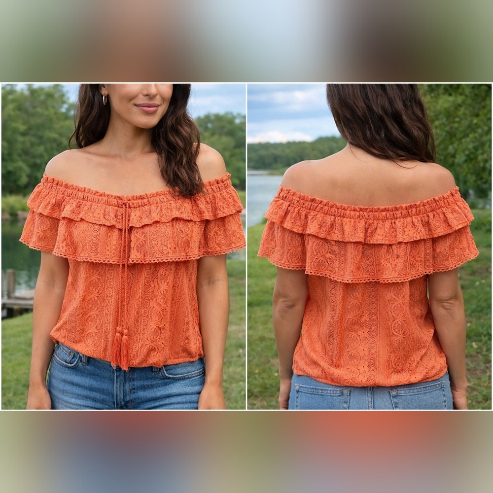 Women's Off-Shoulder Lace Top - Orange‎